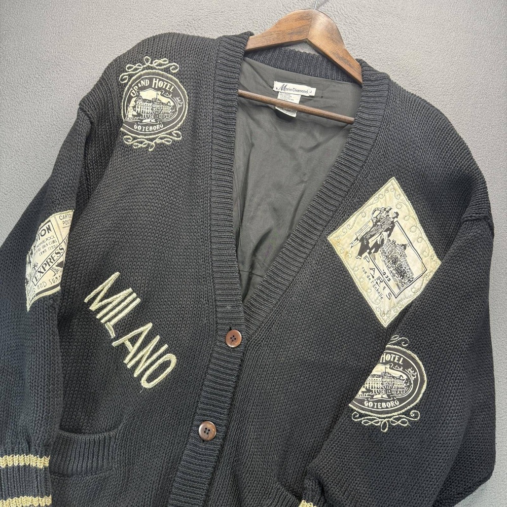 VTG Marie Diamond Patch Embroidered Cardigan Sweater L Black Ramie Lined Travel